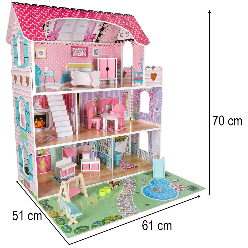 Lulilo dřevěný domeček pro panenky se zahradním nábytkem 70cm růžový LED